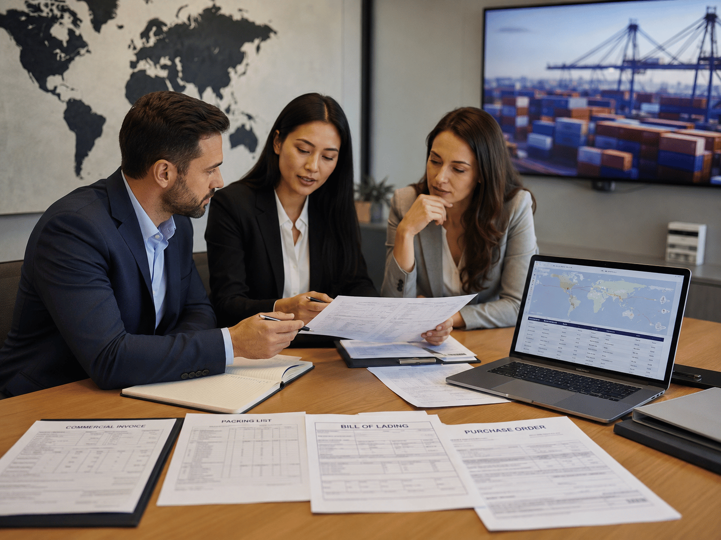 Equipo de logística en reunión de comercio internacional Equipo de trabajo reunido en oficina revisando temas de logística y comercio internacional.