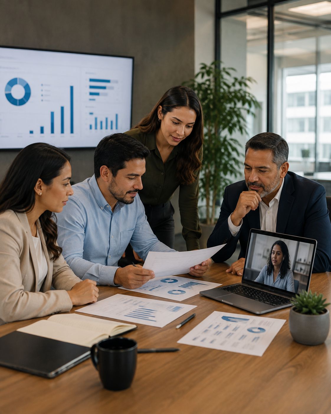Untitled design (15) Latin American corporate team reviewing business reports with a remote colleague joining by video call.