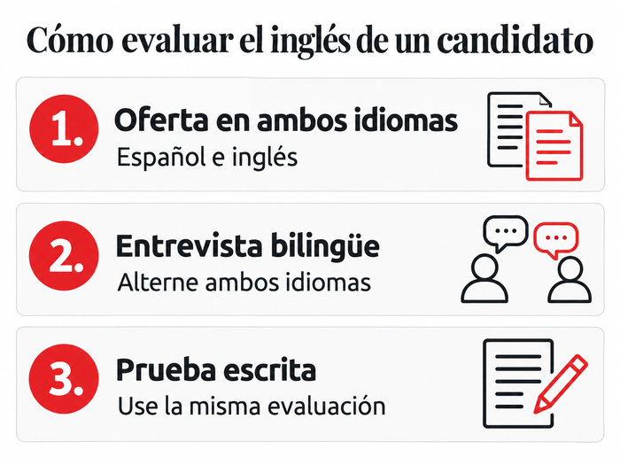 Reclutamiento y selección de personal bilingüe en tres pasos: oferta en ambos idiomas, entrevista y prueba escrita.